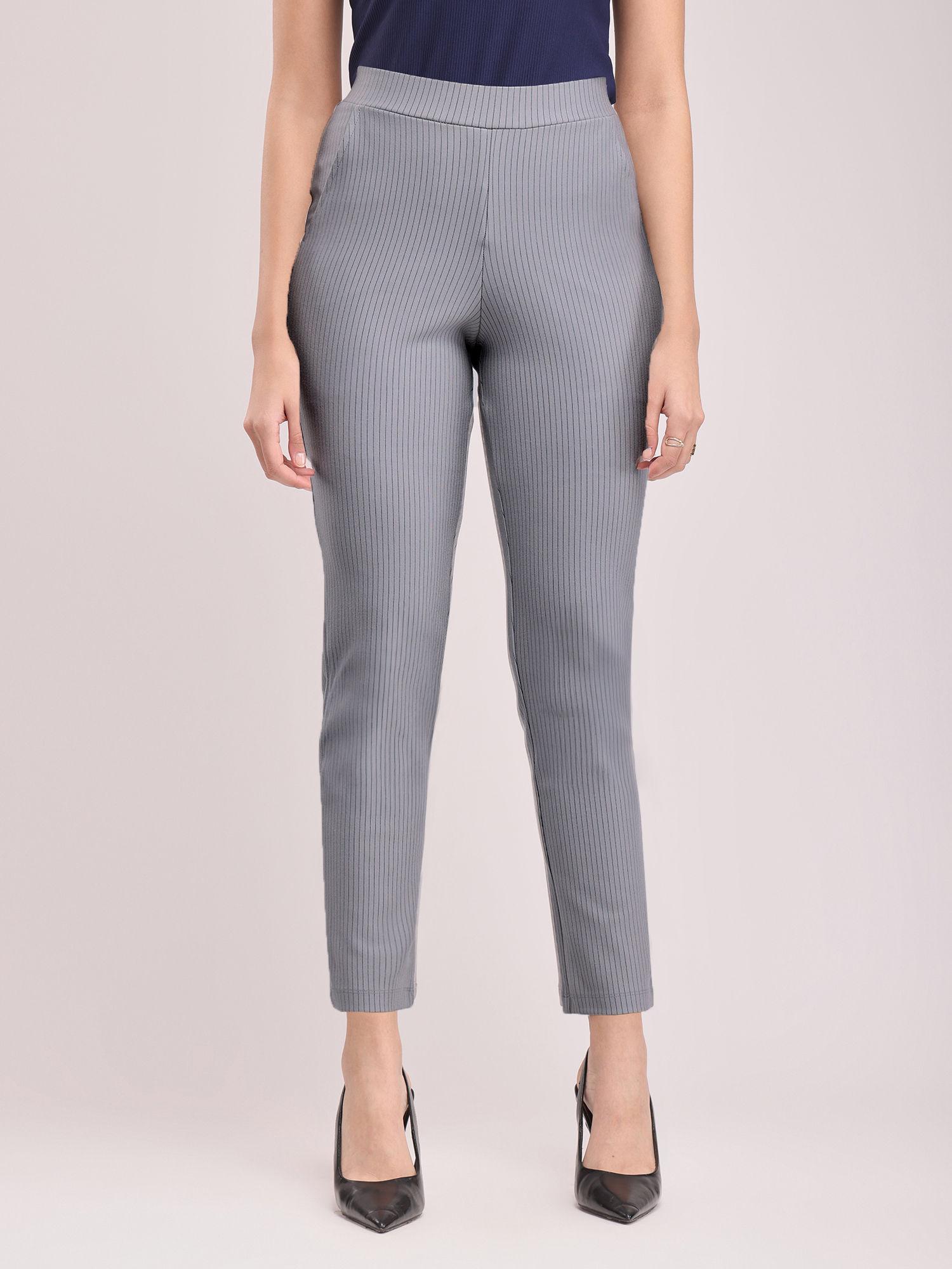 women livin striped relaxed straight fit mid-rise cigarette trousers - grey