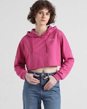 women logo print boxy fit crop hoodie