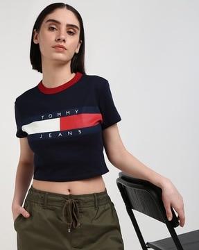 women logo print slim fit crew-neck crop t-shirt