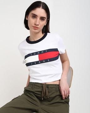 women logo print slim fit crew-neck crop t-shirt