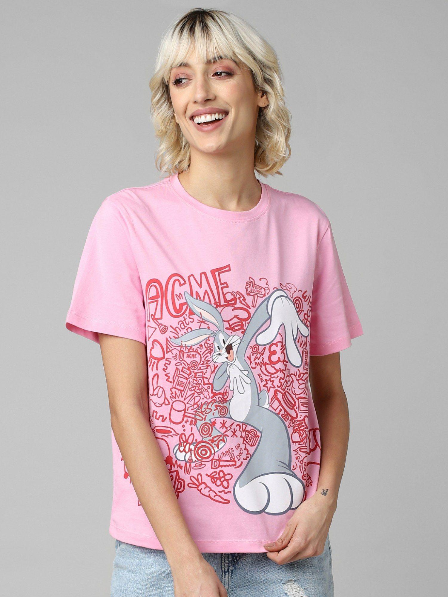 women looney tunes printed pink t-shirt