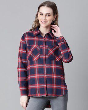 women loose fit checked shirt with patch pockets