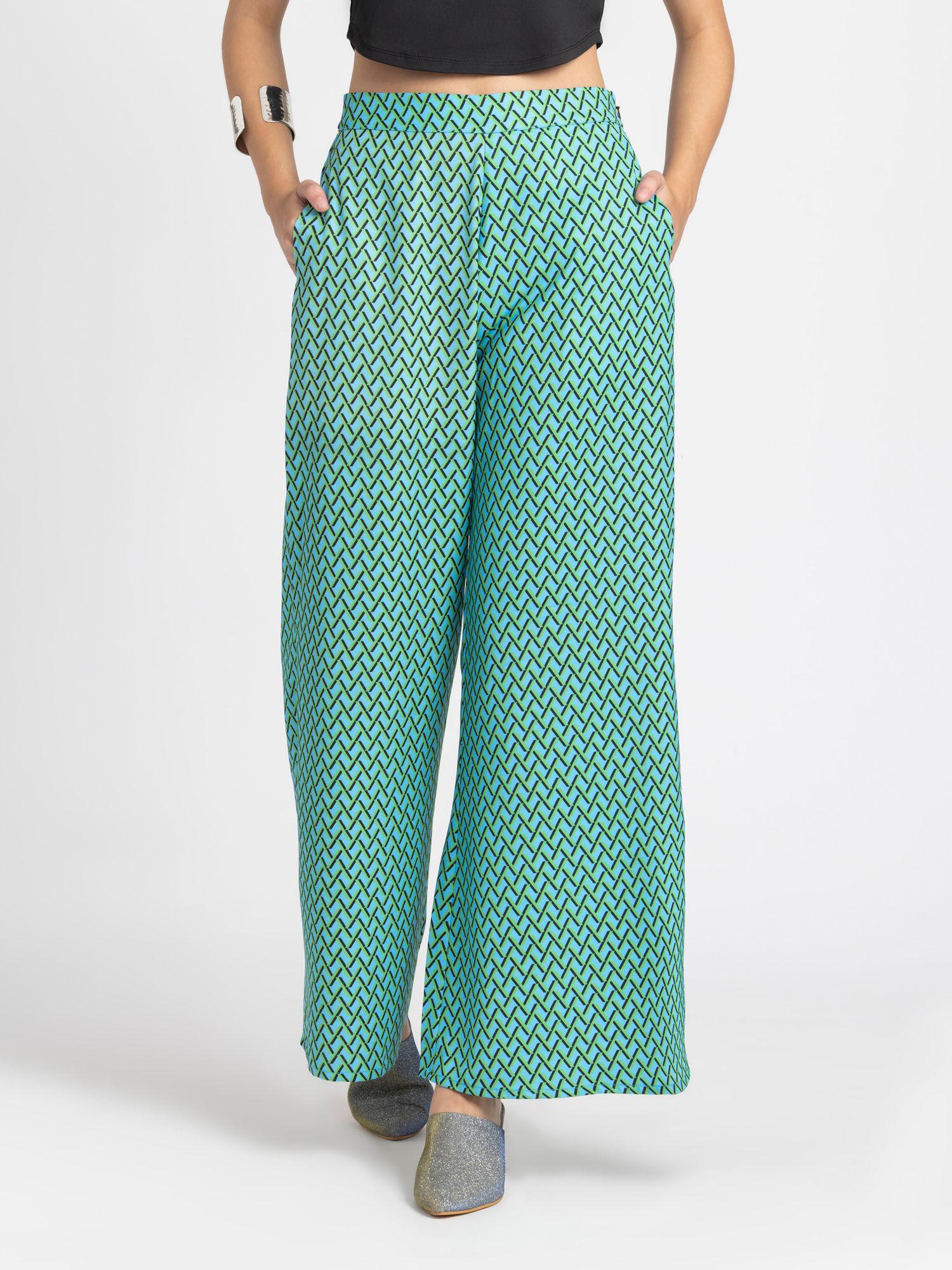 women loose fit green printed parallel casual trousers