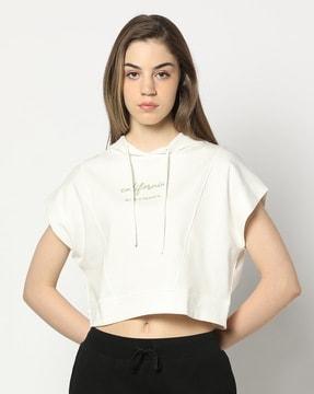 women loose fit hooded crop top with placement embroidery