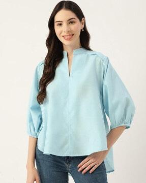 women loose fit top with mandarin collar