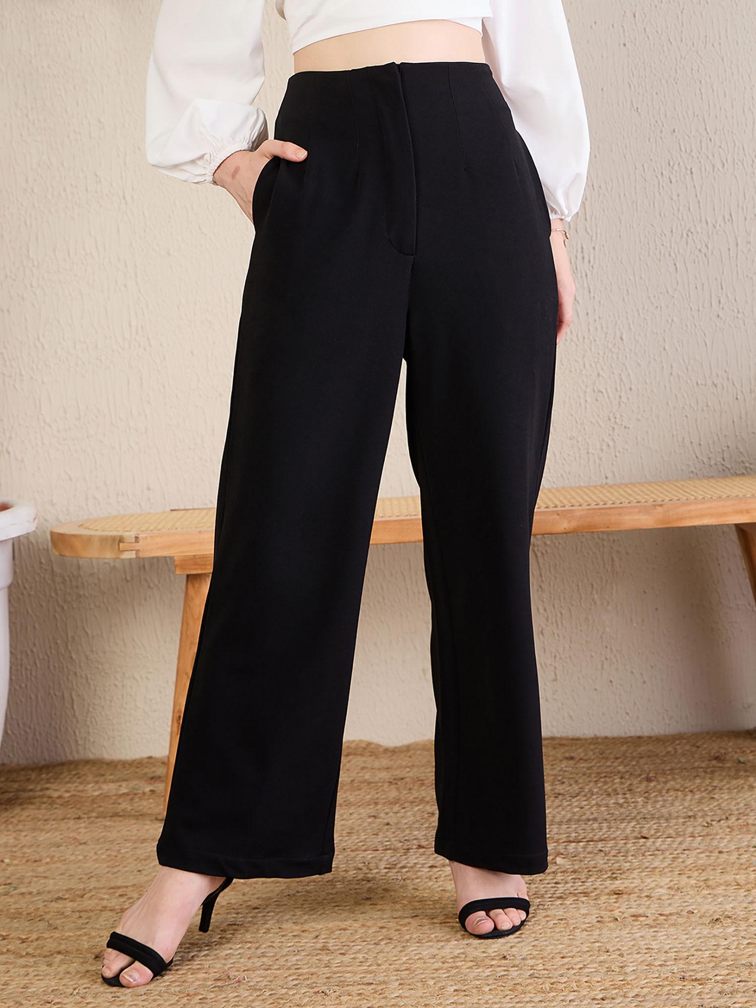 women lycra solid black high waist wide legged trouser