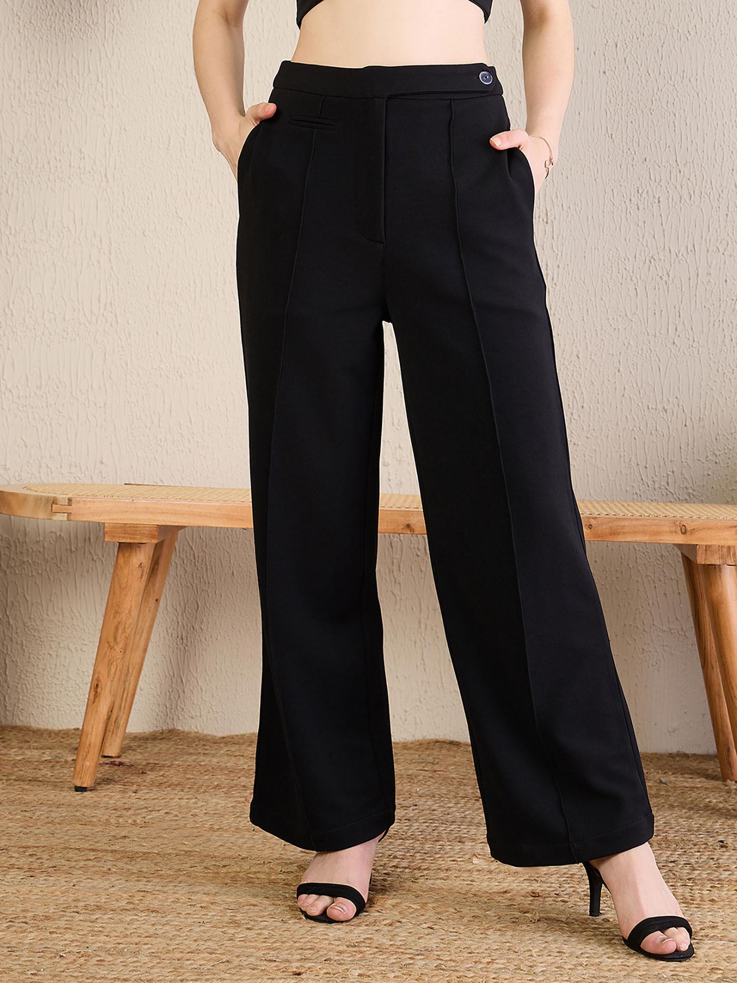 women lycra solid black high waist wide legged trouser