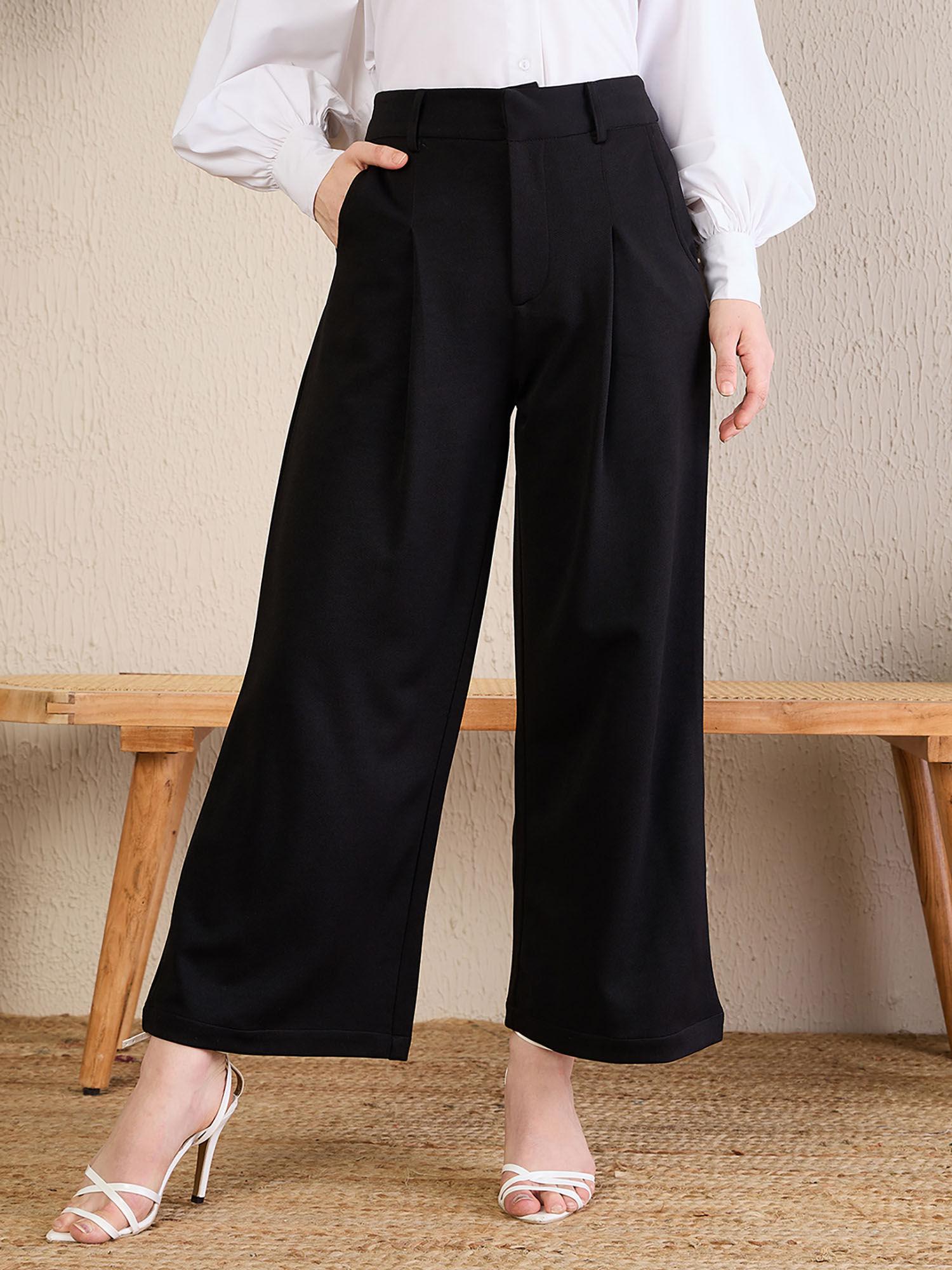 women lycra solid black high waist wide legged trouser