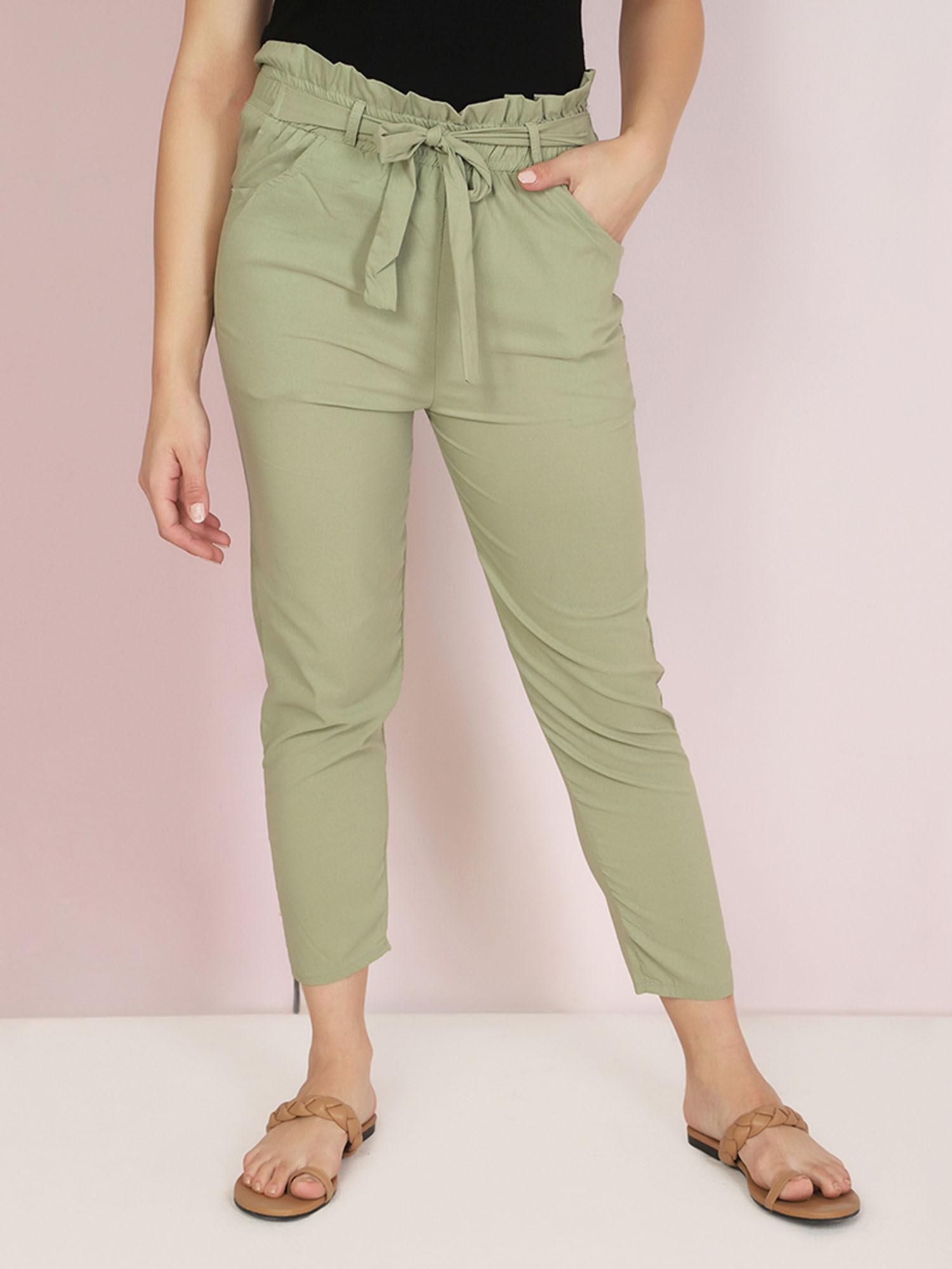 women lycra toko green solid trouser with belt (set of 2)