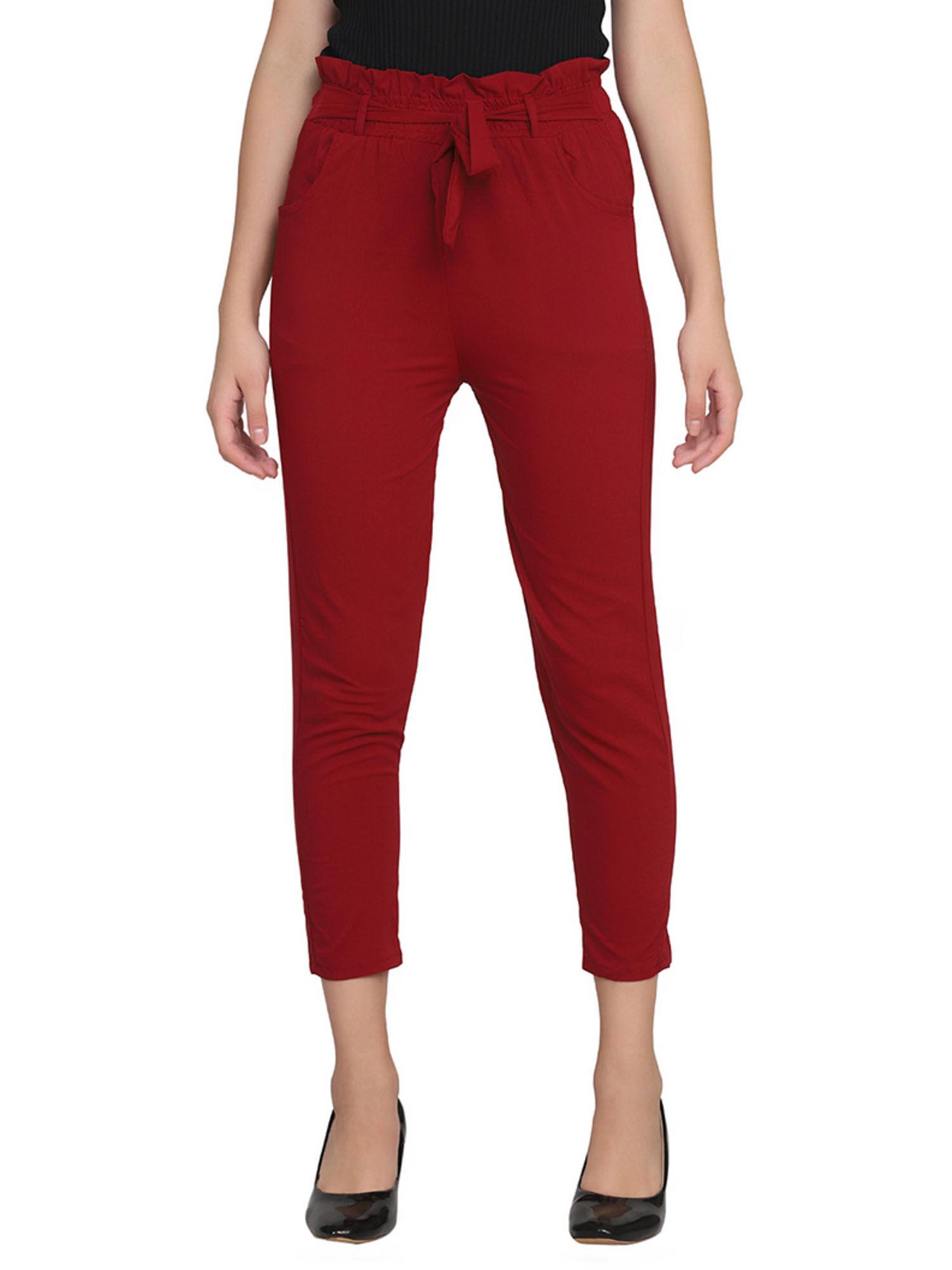 women lycra toko maroon solid trouser with belt (set of 2)