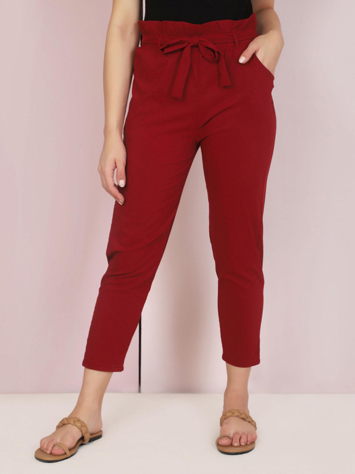 women lycra toko maroon solid trouser with belt (set of 2)