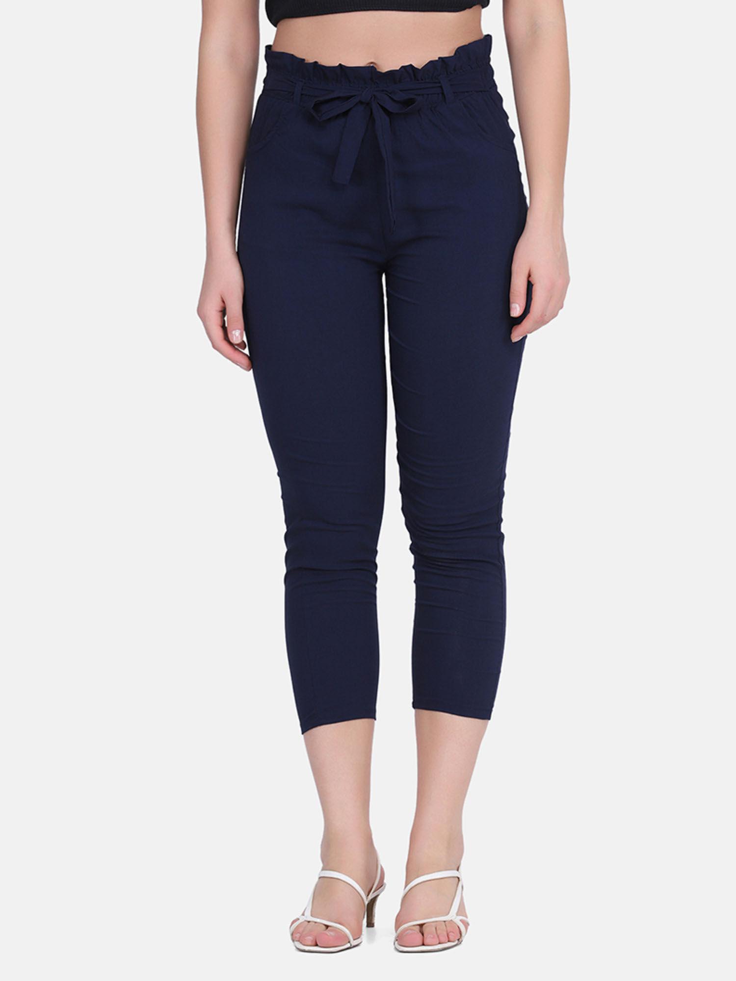 women lycra toko navy blue solid trouser with belt (set of 2)