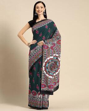 women madhubani print cotton saree with tassels