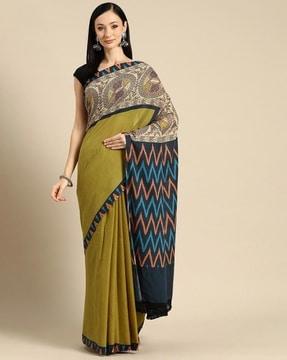 women madhubani print saree with contrast border