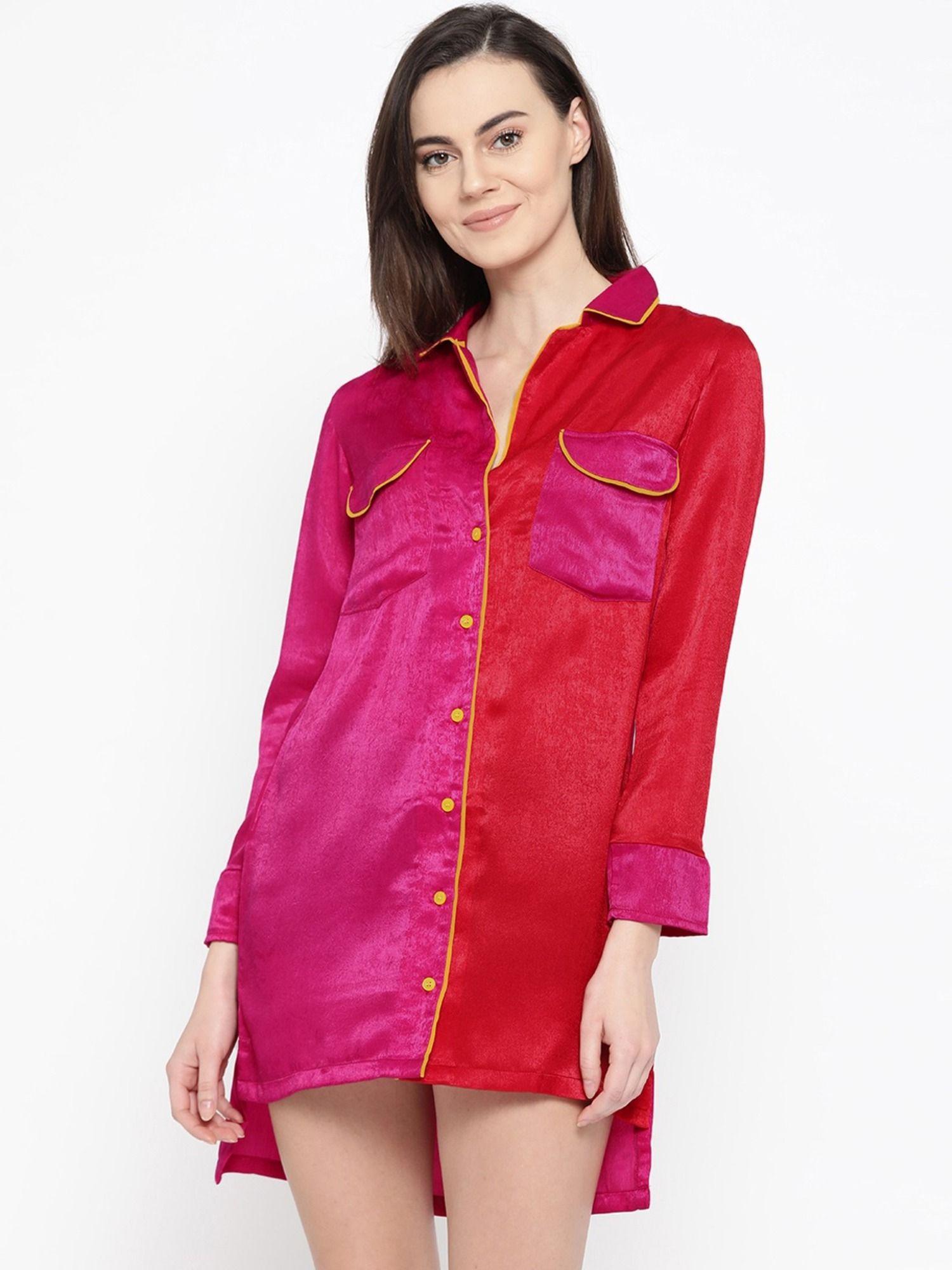 women magenta & red satin finish colourblocked sleep shirt