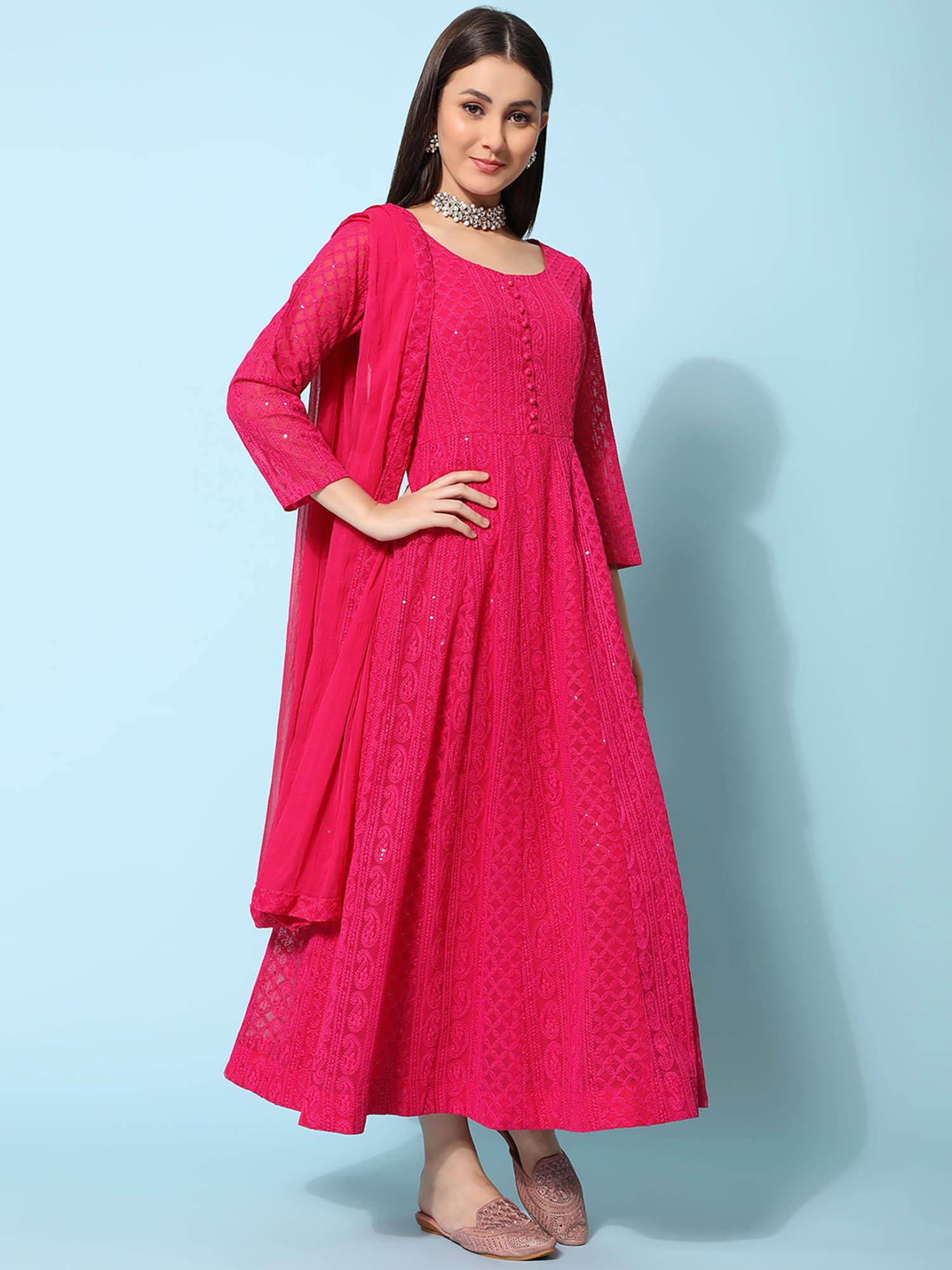 women magenta chikankari embroidered maxi dress with dupatta (set of 2)