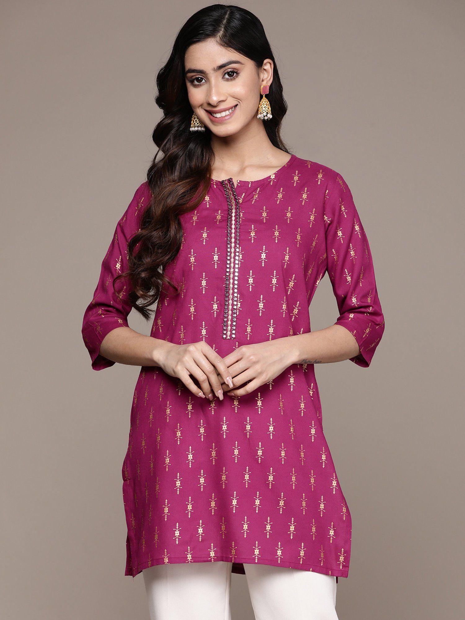 women magenta ethnic motifs printed mirror work straight kurti