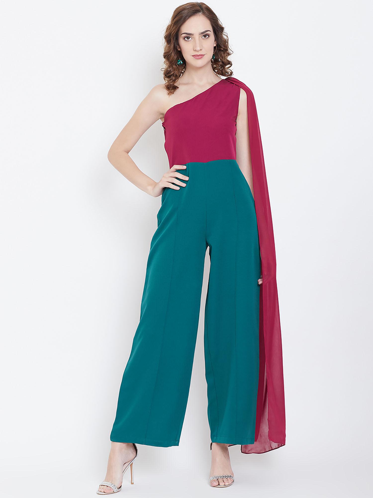 women magenta green colourblocked one shoulder basic jumpsuit