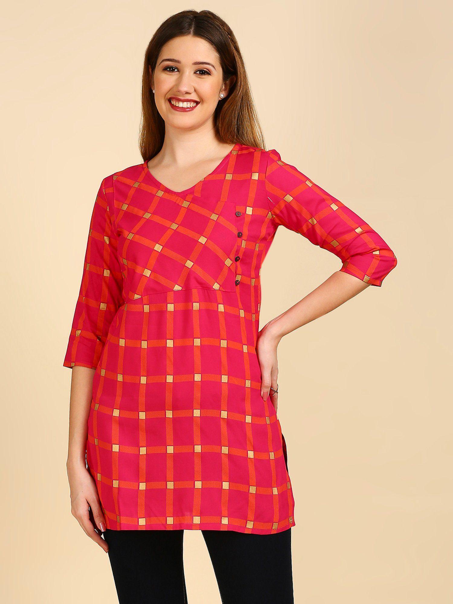 women magenta orange checked angrakha kurti