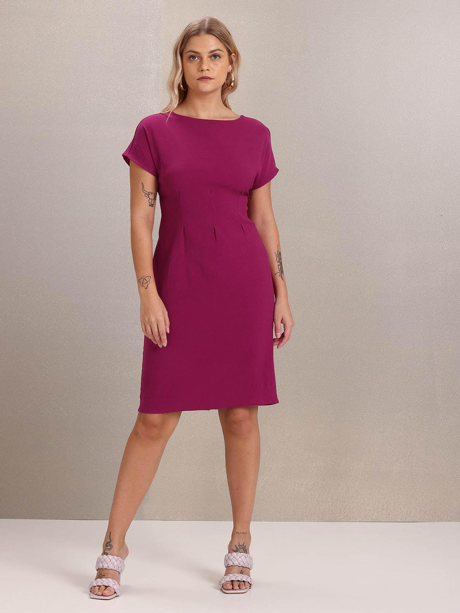 women magenta round neck solid sheath dress