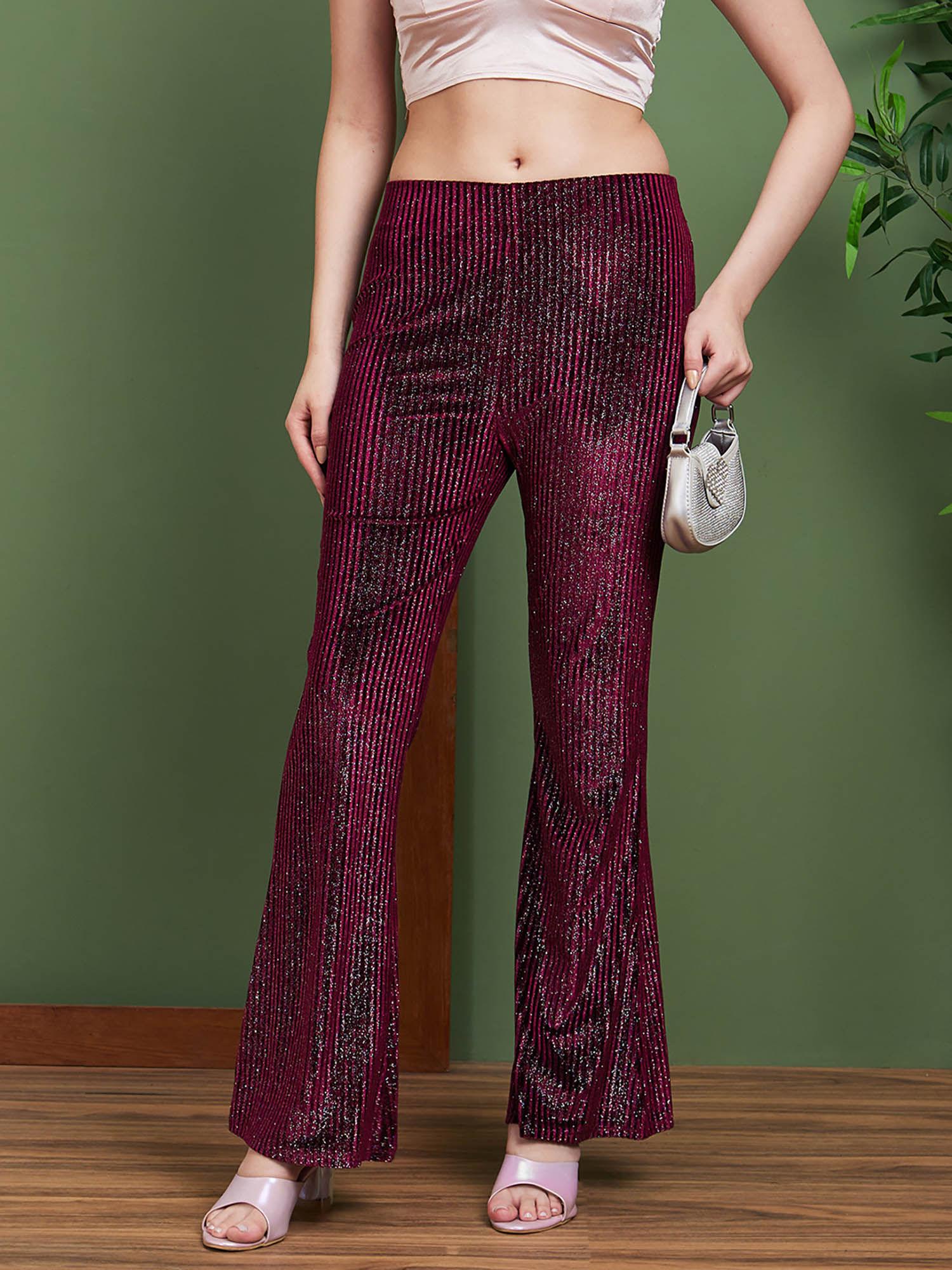 women magenta sheen embellished polyester flared party trousers