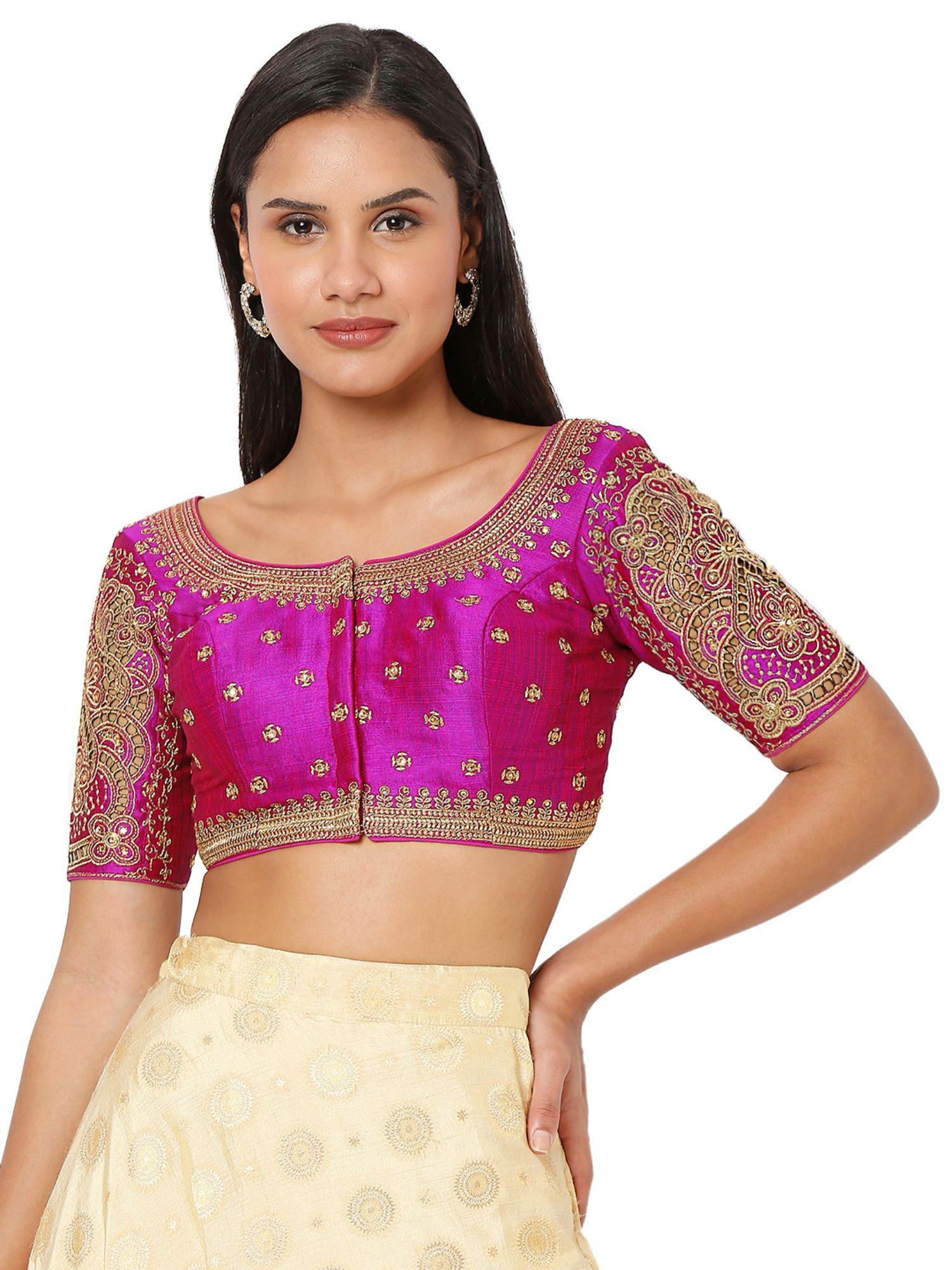 women magenta silk blend embroidered readymade saree blouse