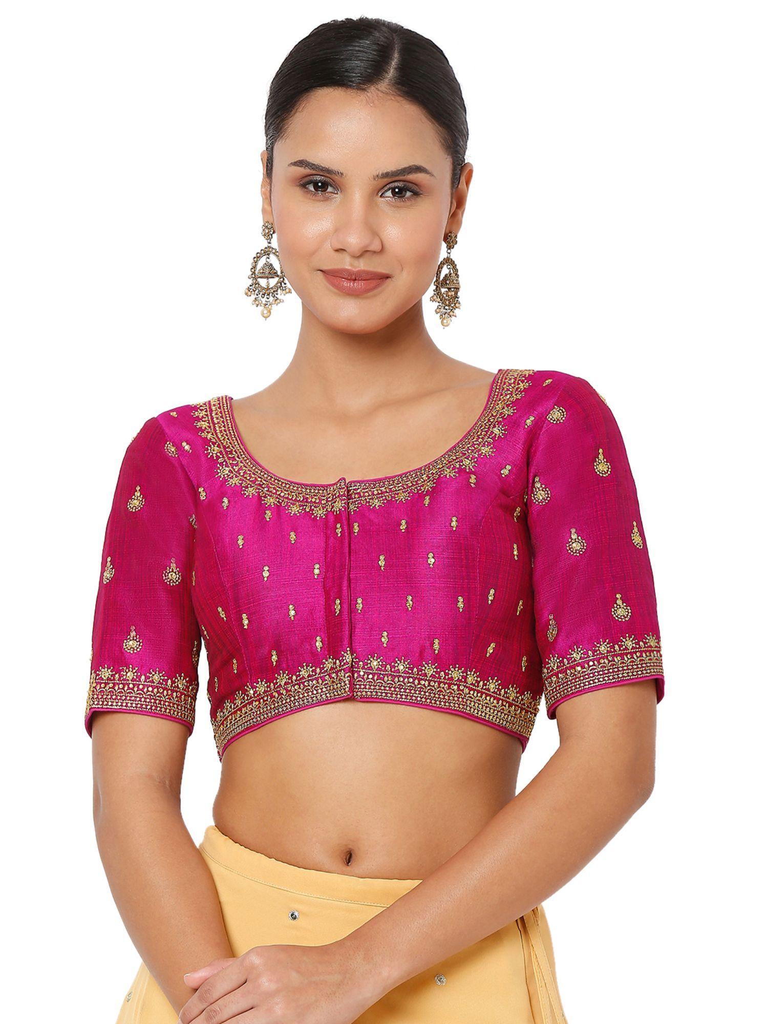 women magenta silk blend embroidered readymade saree blouse