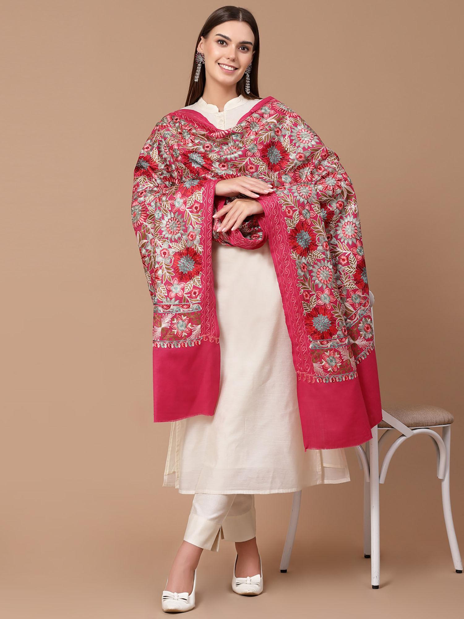 women magenta silky aari embroidery wool shawl (large)