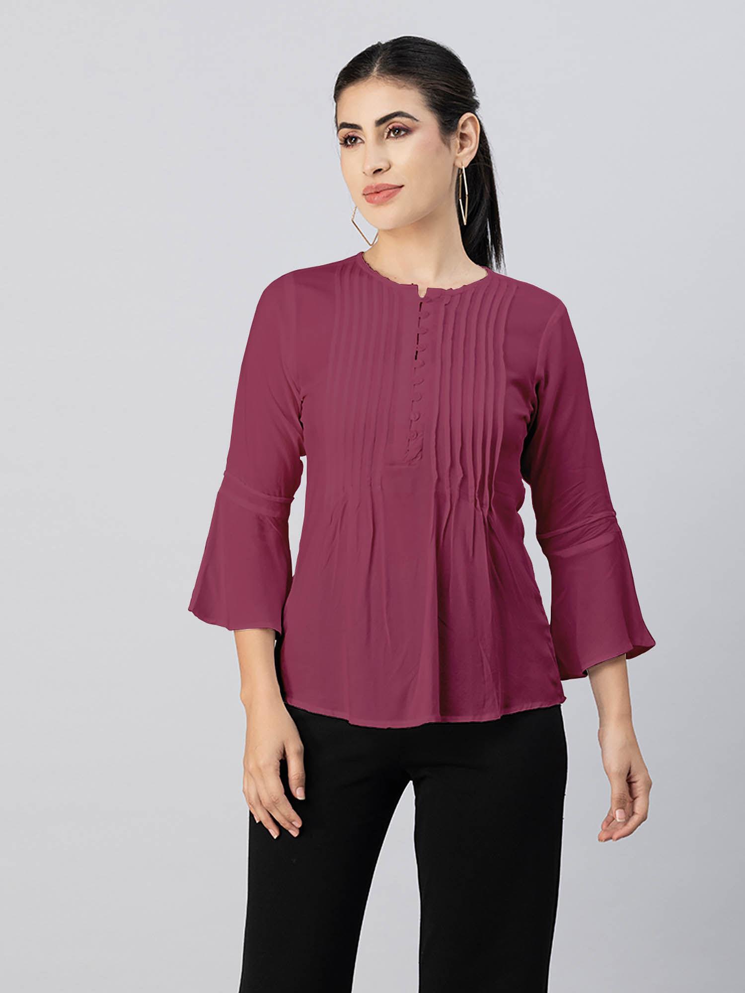 women magenta solid bell sleeves round neck top