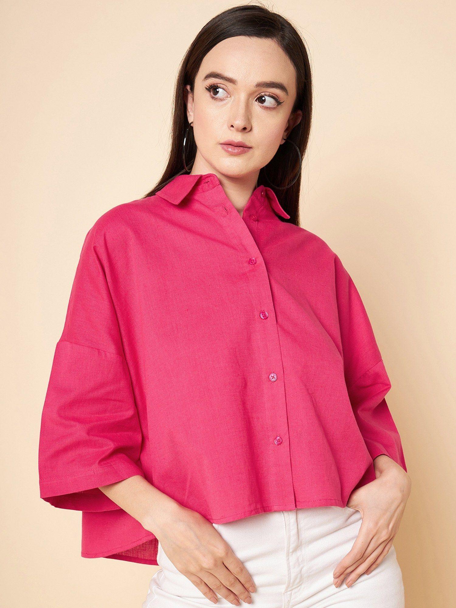 women magenta solid boxy fit crop shirt