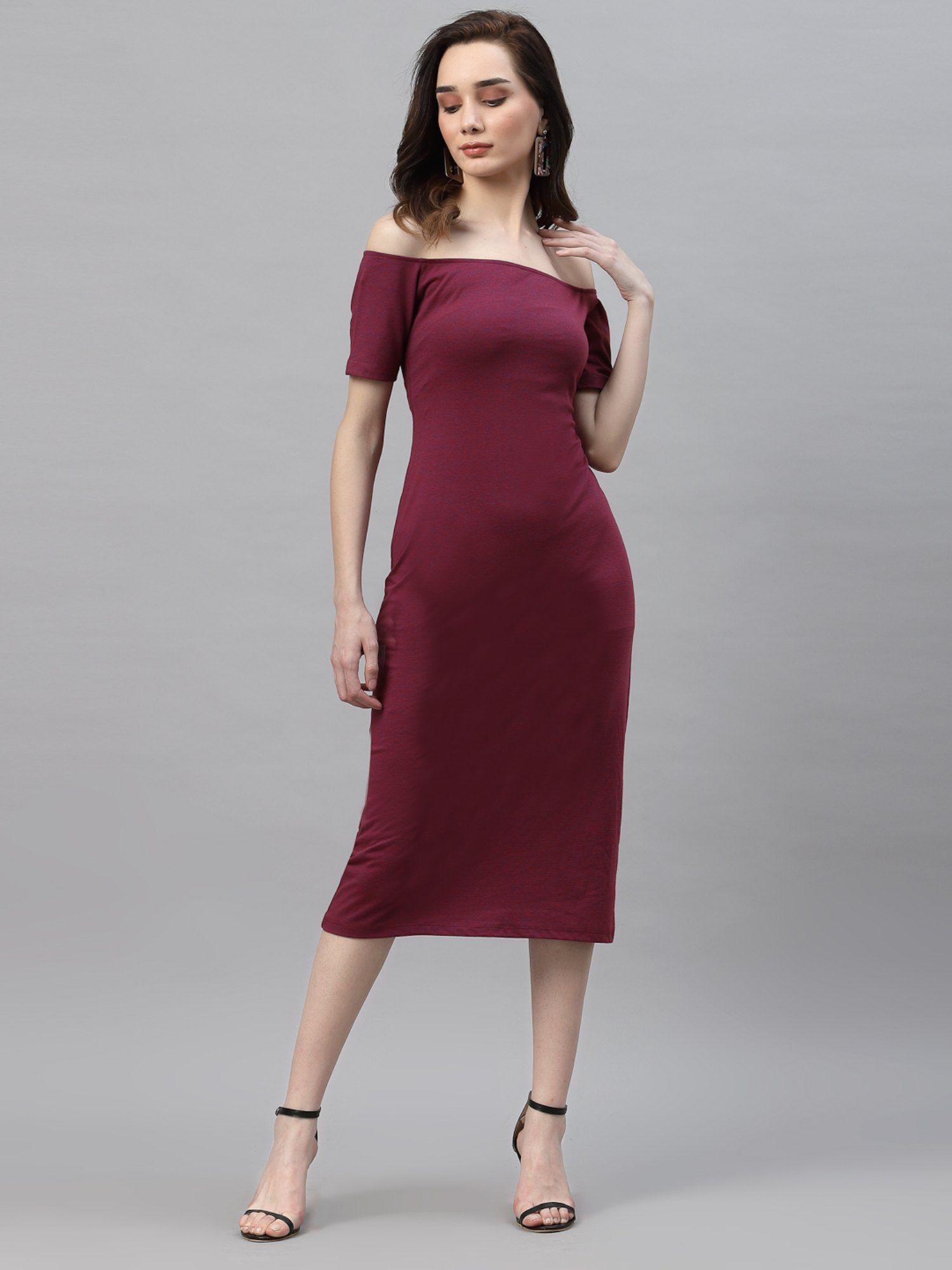 women magenta solid off shoulder bodycon dress