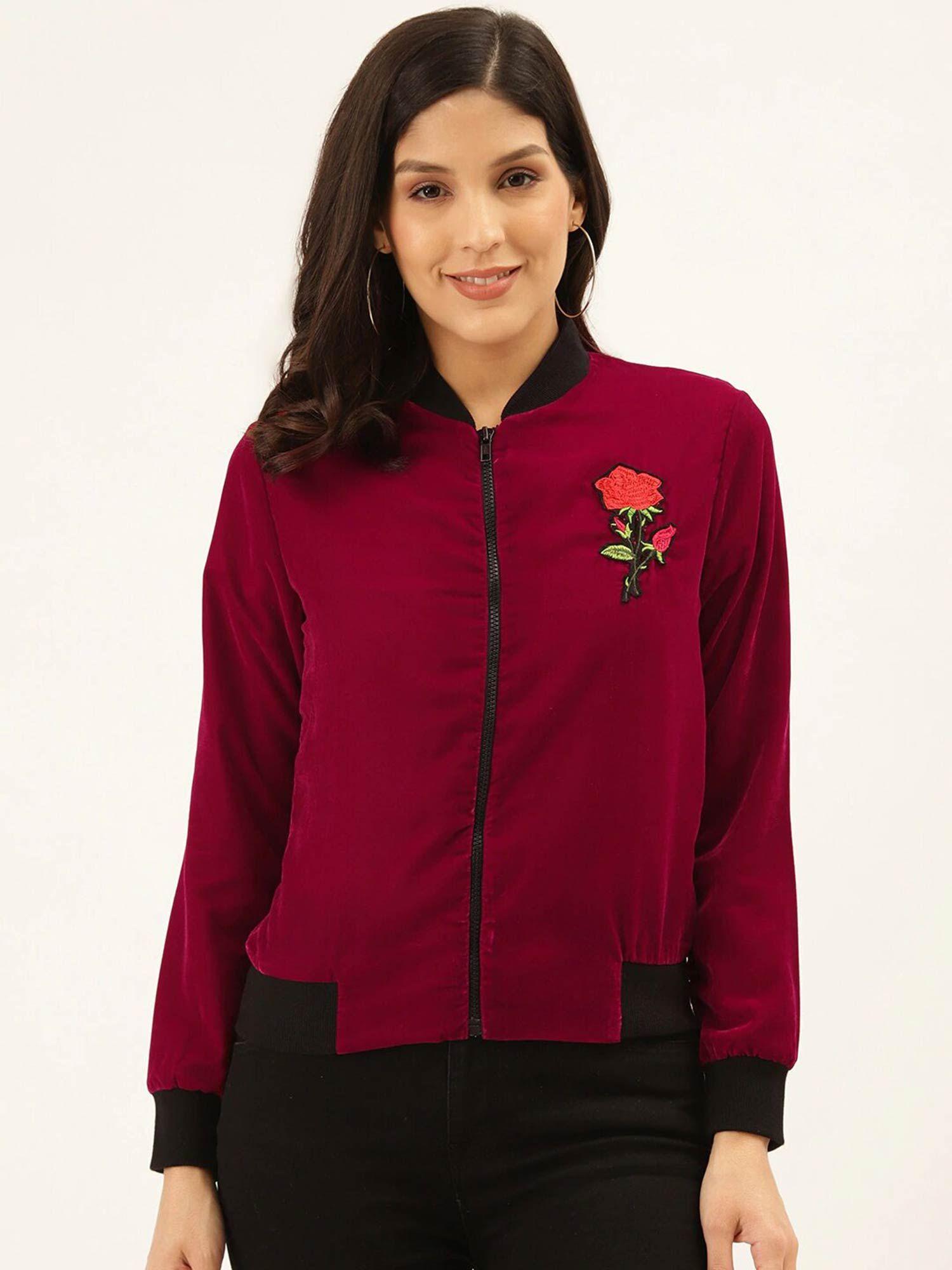 women magenta solid velvet finish lightweight bomber