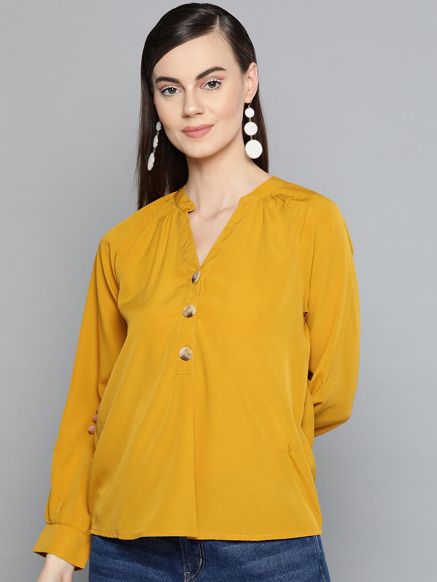 women mandarin collar full sleeve solid top