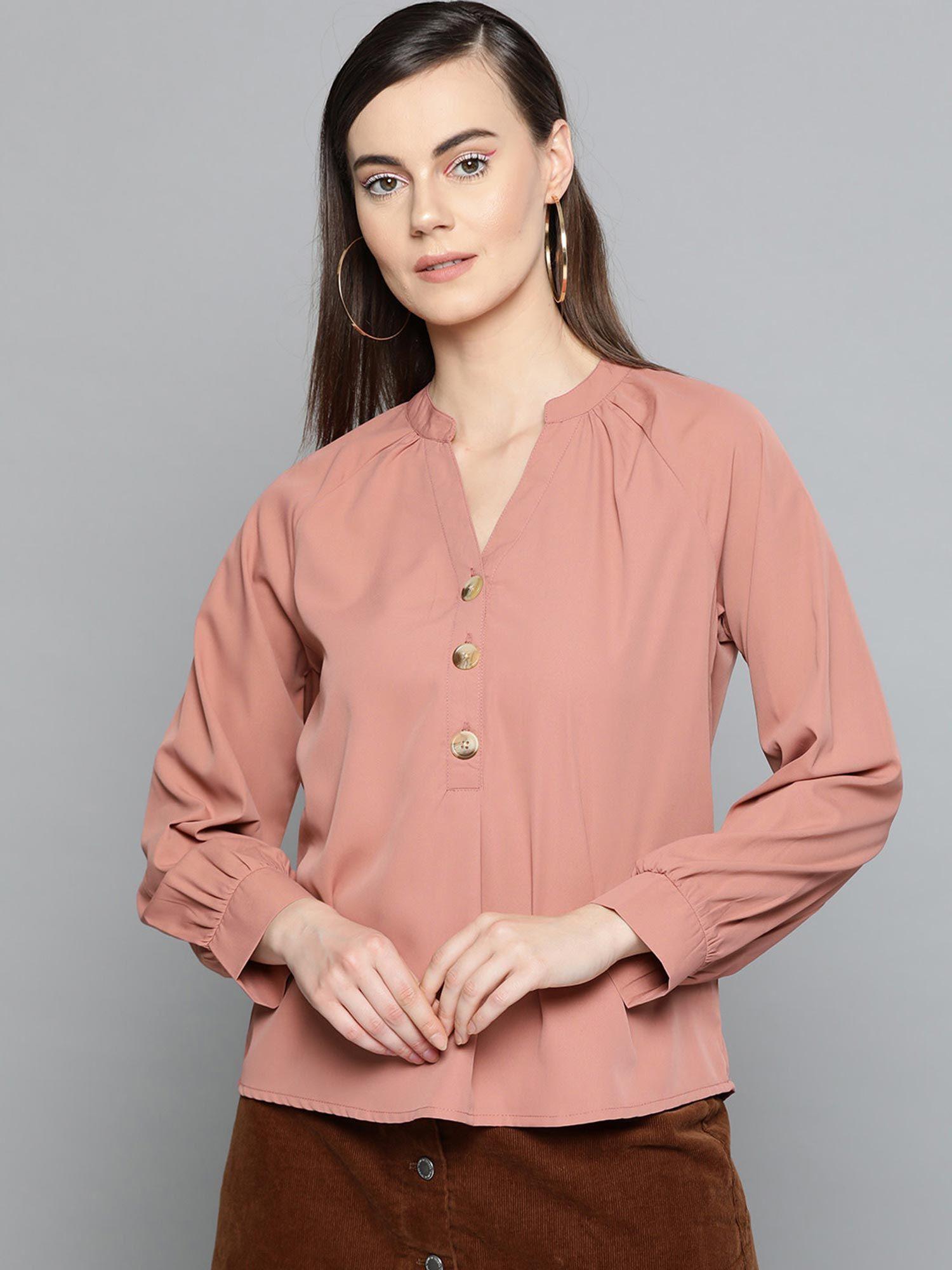 women mandarin collar full sleeve solid top