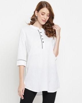 women mandarin-collar no darts straight tunic