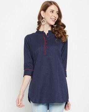 women mandarin-collar no darts straight tunic