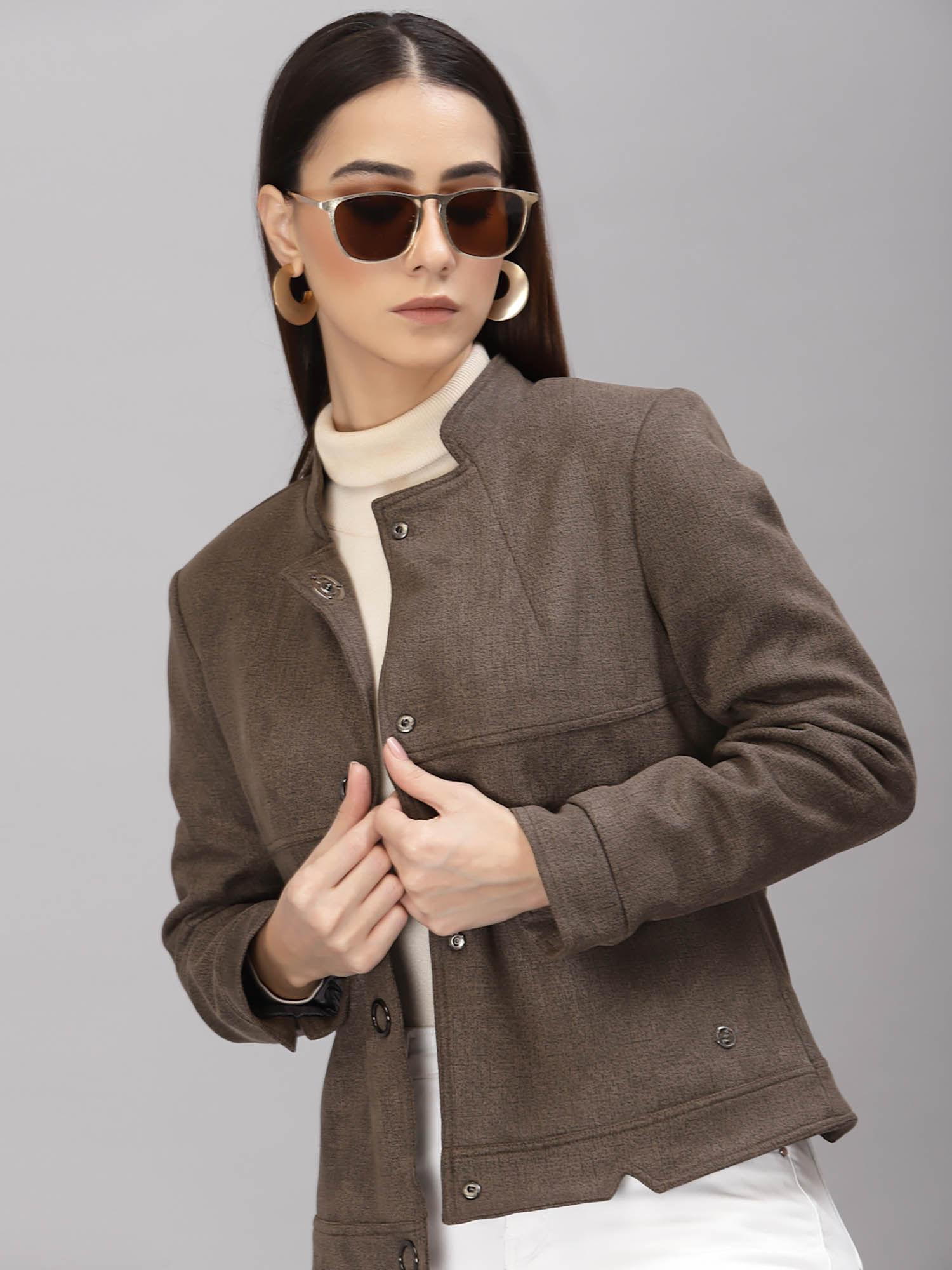 women mandarin collar regular full sleeves polyester fabric olive jackets