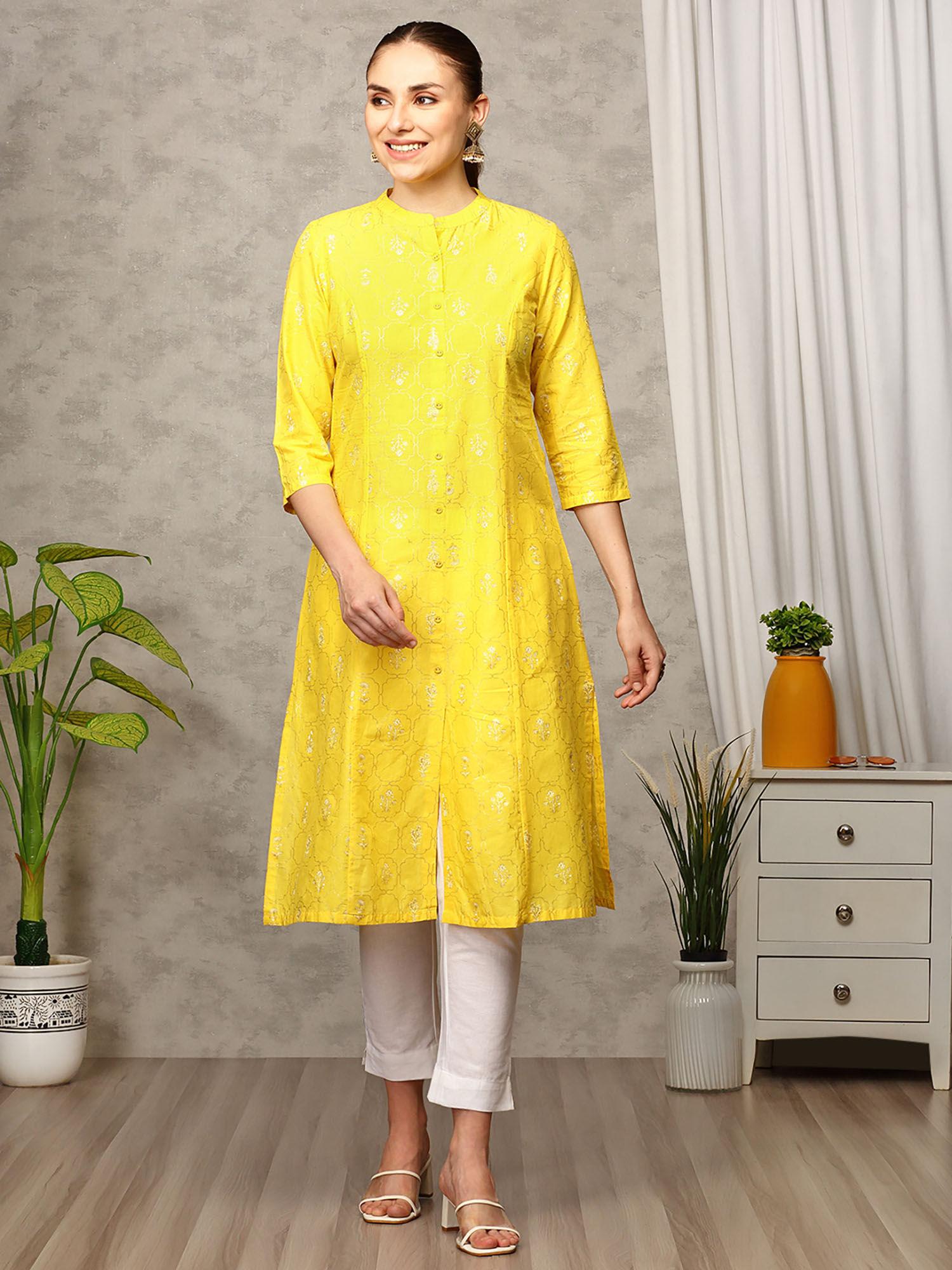 women mandarin neck cotton floral yellow kurta