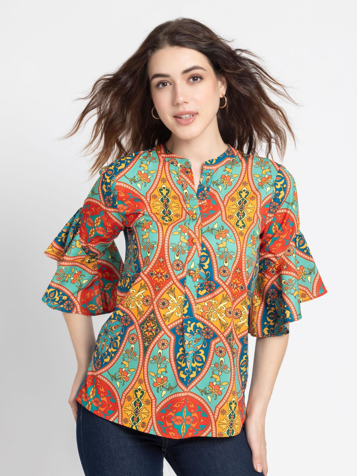 women mandarin neck multi-color printed bell sleeves casual top