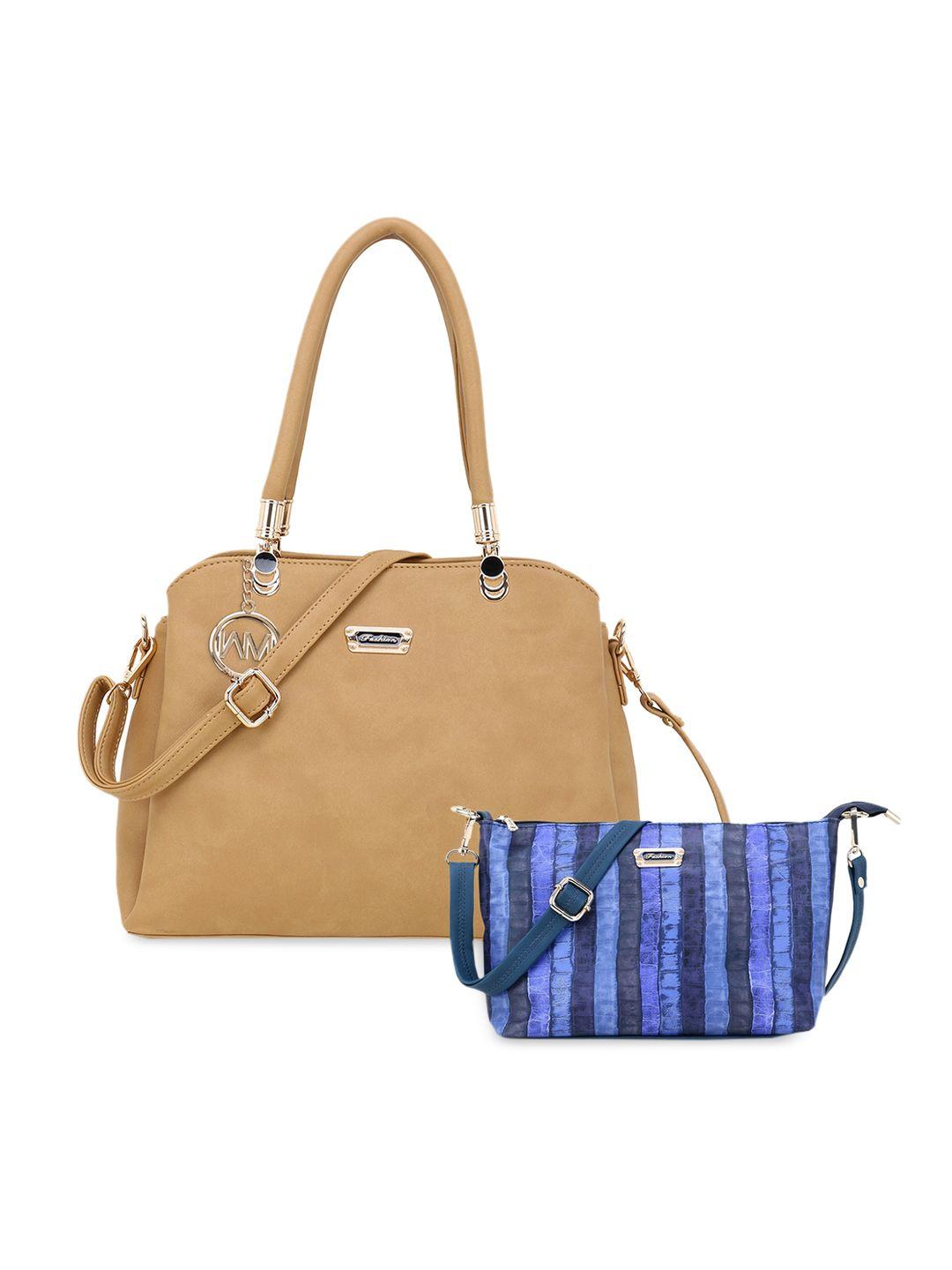 women marks beige & blue solid handheld bag with pouch
