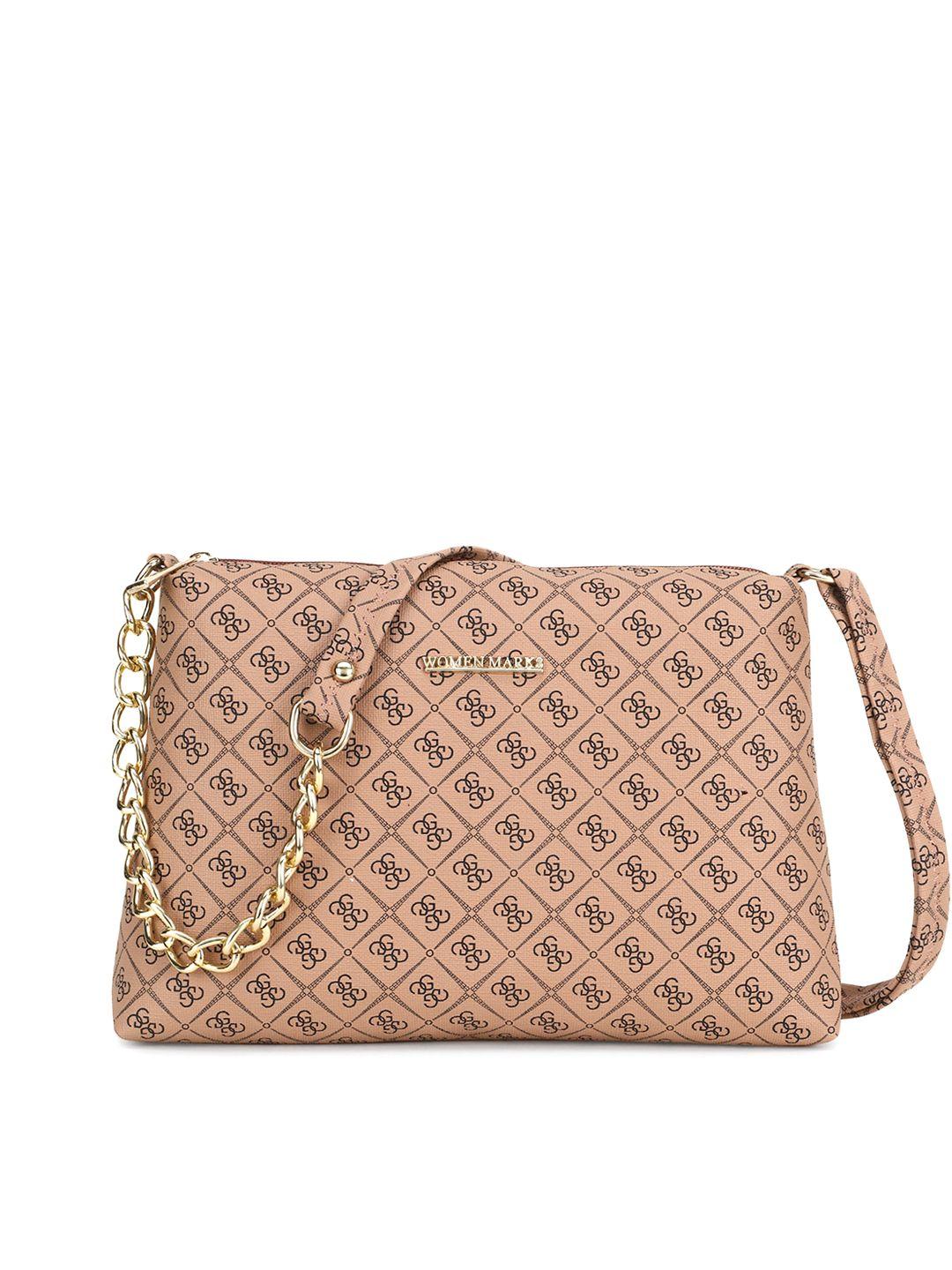 women marks beige geometric printed structured sling bag