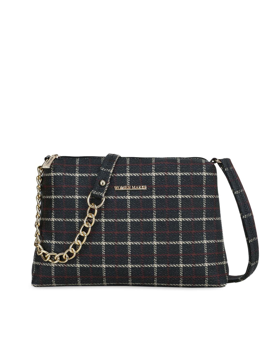 women marks black checked pu structured sling bag
