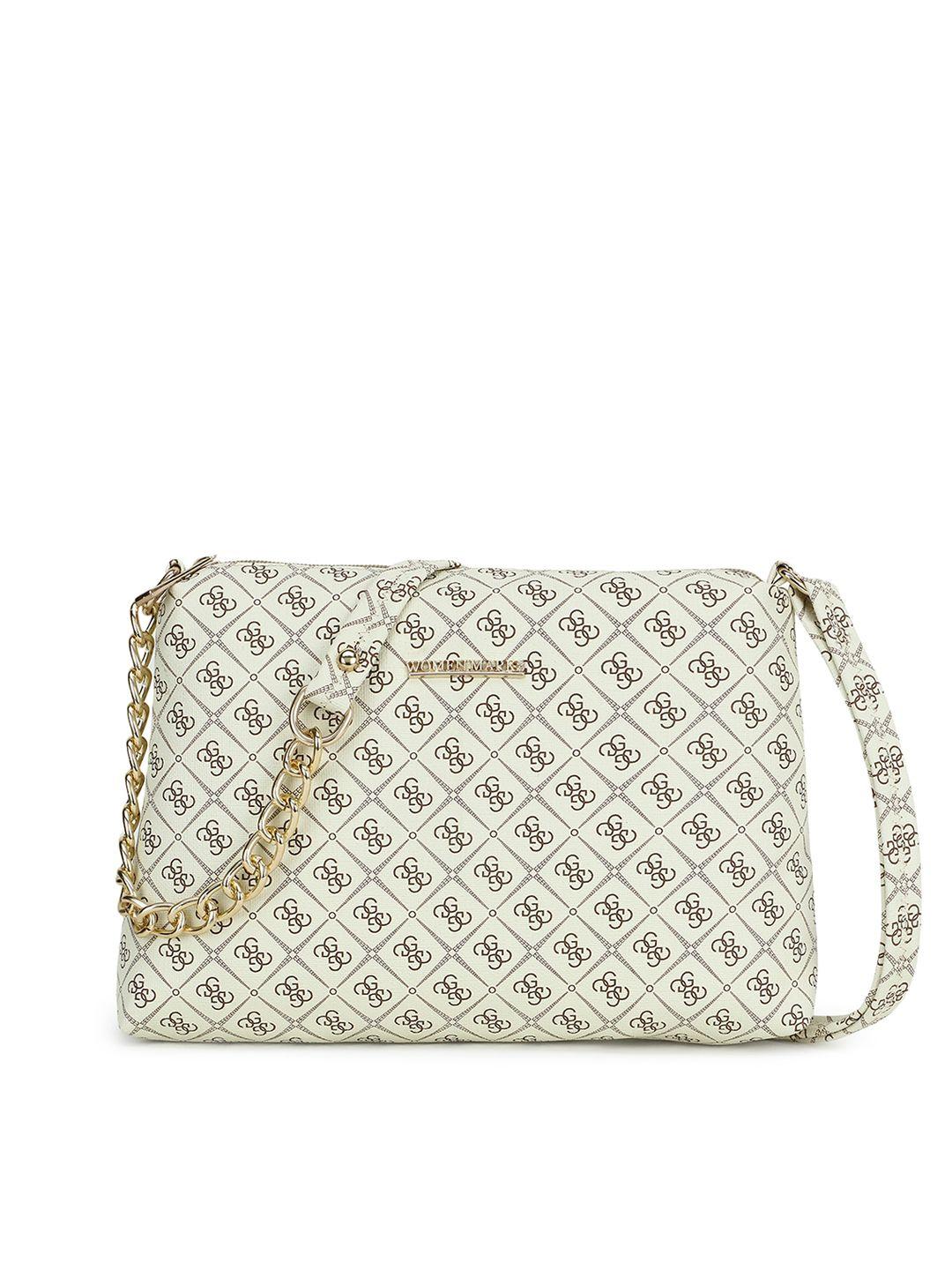women marks cream-coloured geometric textured pu structured sling bag with cut work