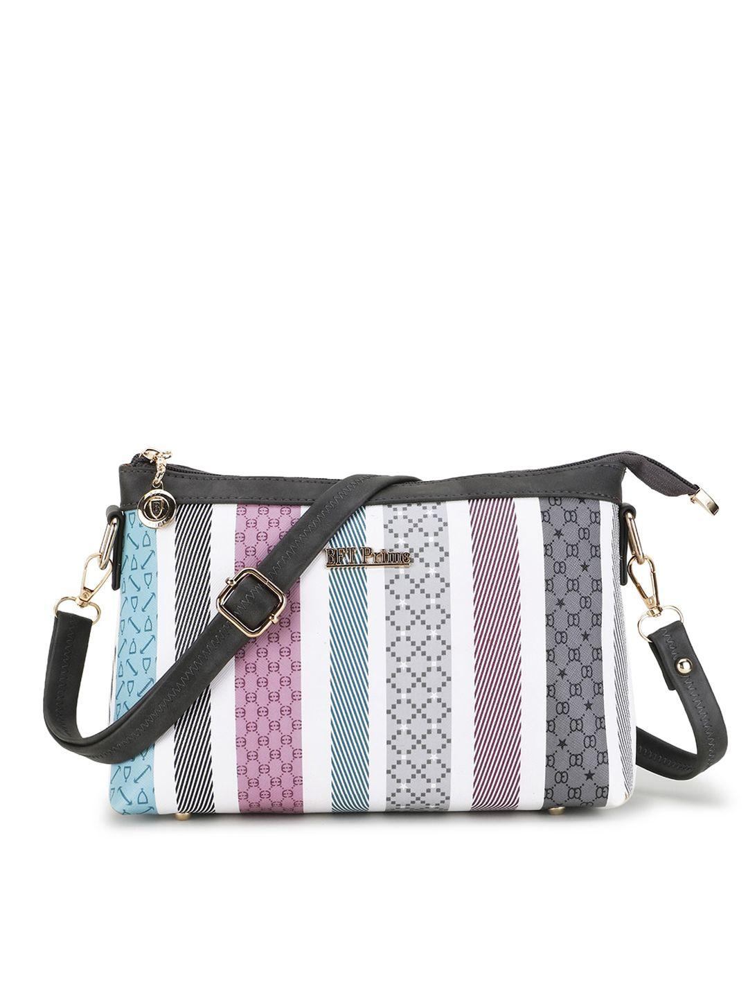 women marks grey melange striped pu structured sling bag