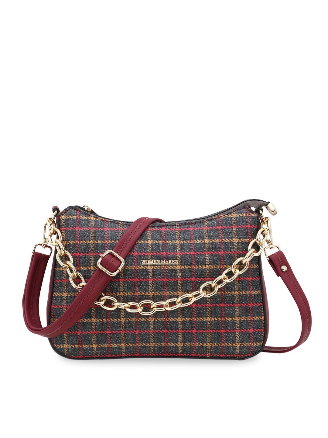 women marks maroon checked pu structured sling bag