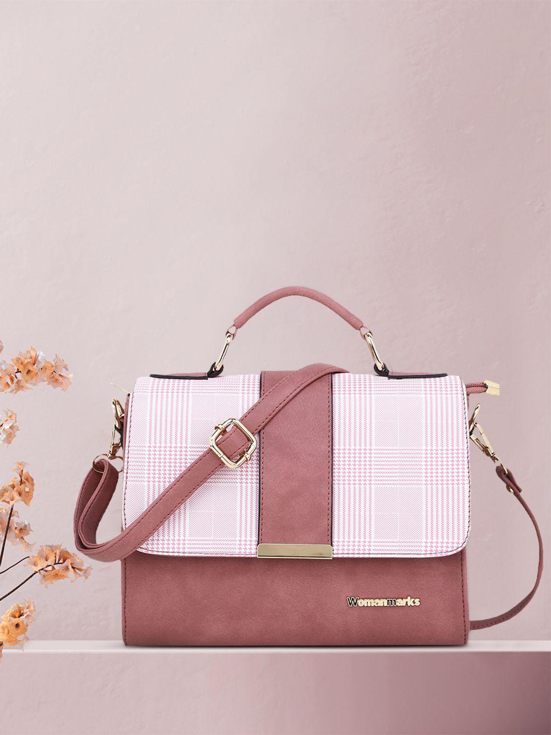 women marks pink checked sling bag