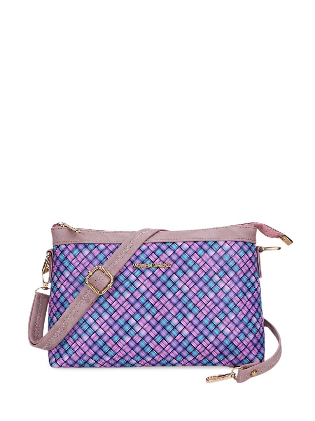 women marks purple checked printed pu structured sling bag with quilted