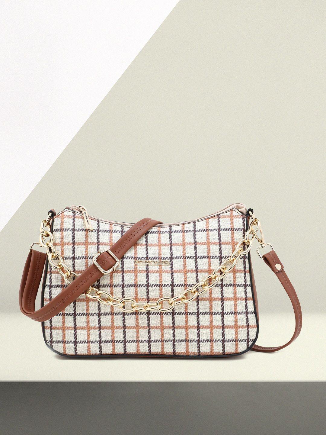 women marks white checked pu structured sling bag with quilted