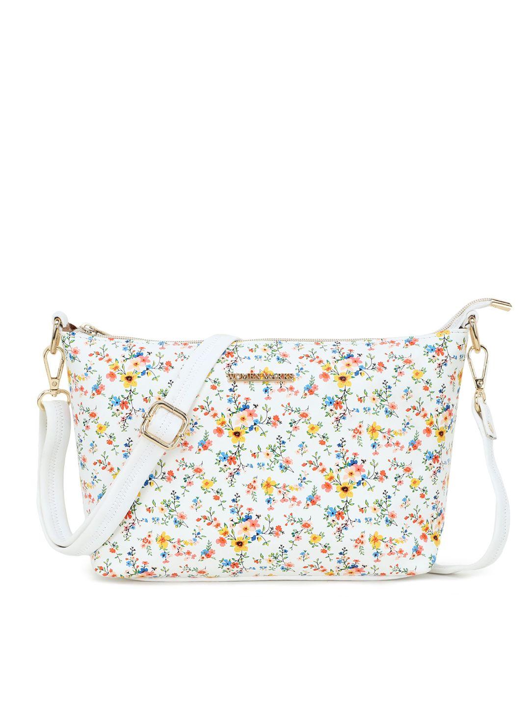 women marks white floral printed pu structured sling bag