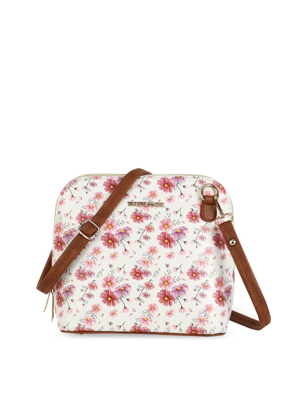 women marks white floral printed pu structured sling bag